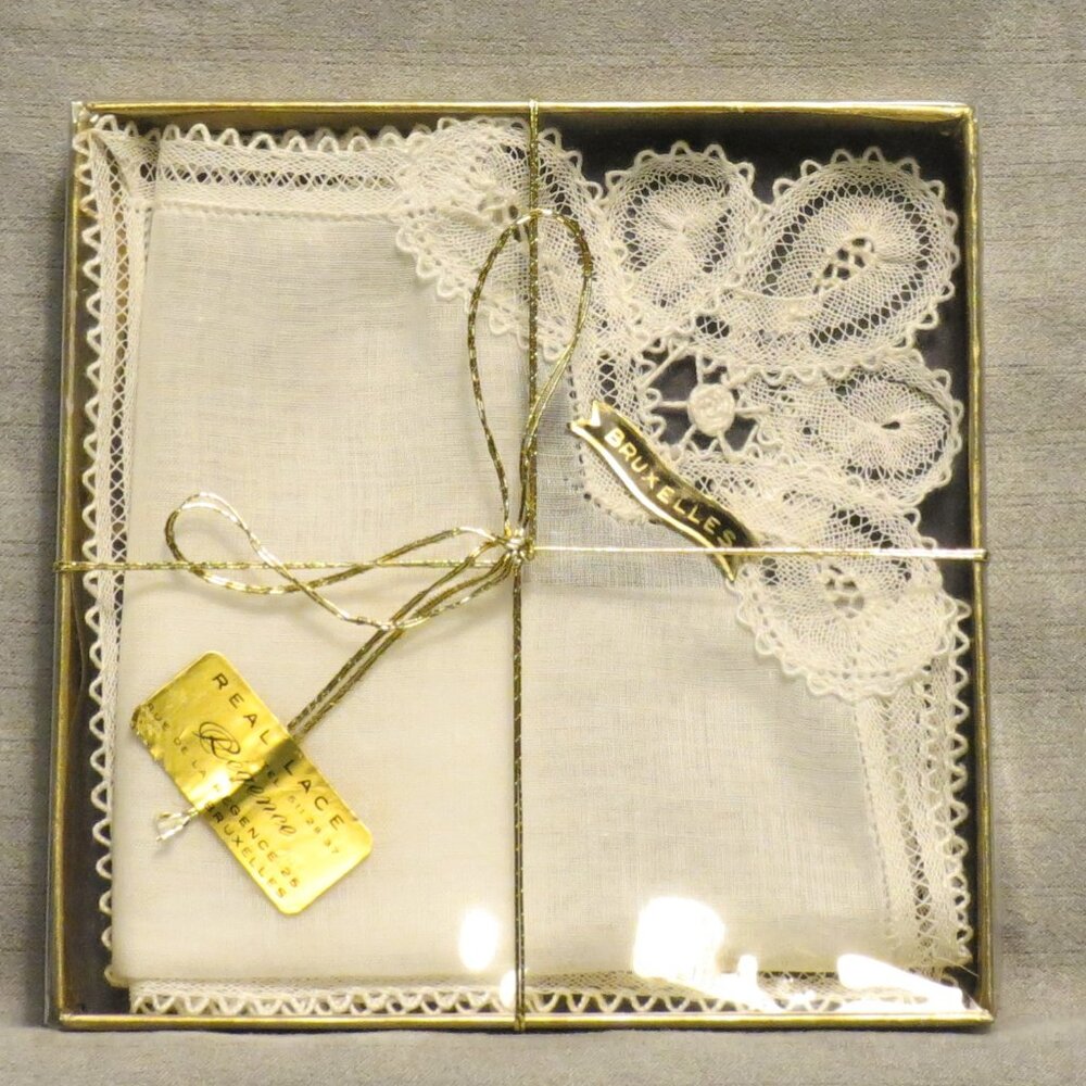 Single Vintage Brussels Lace  Handkerchief Handmade Made in Belgium W/Box